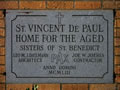 A plac saying: St. Vincent De Paul Home for the Aged, Sisters of St. Benedict,  <br />Leo M.J.Dielmann - Architect<br /> Joe W. Joeris - Contractor <br /> PAX <br /> Anno Domni <br /> MCMLIII<br />